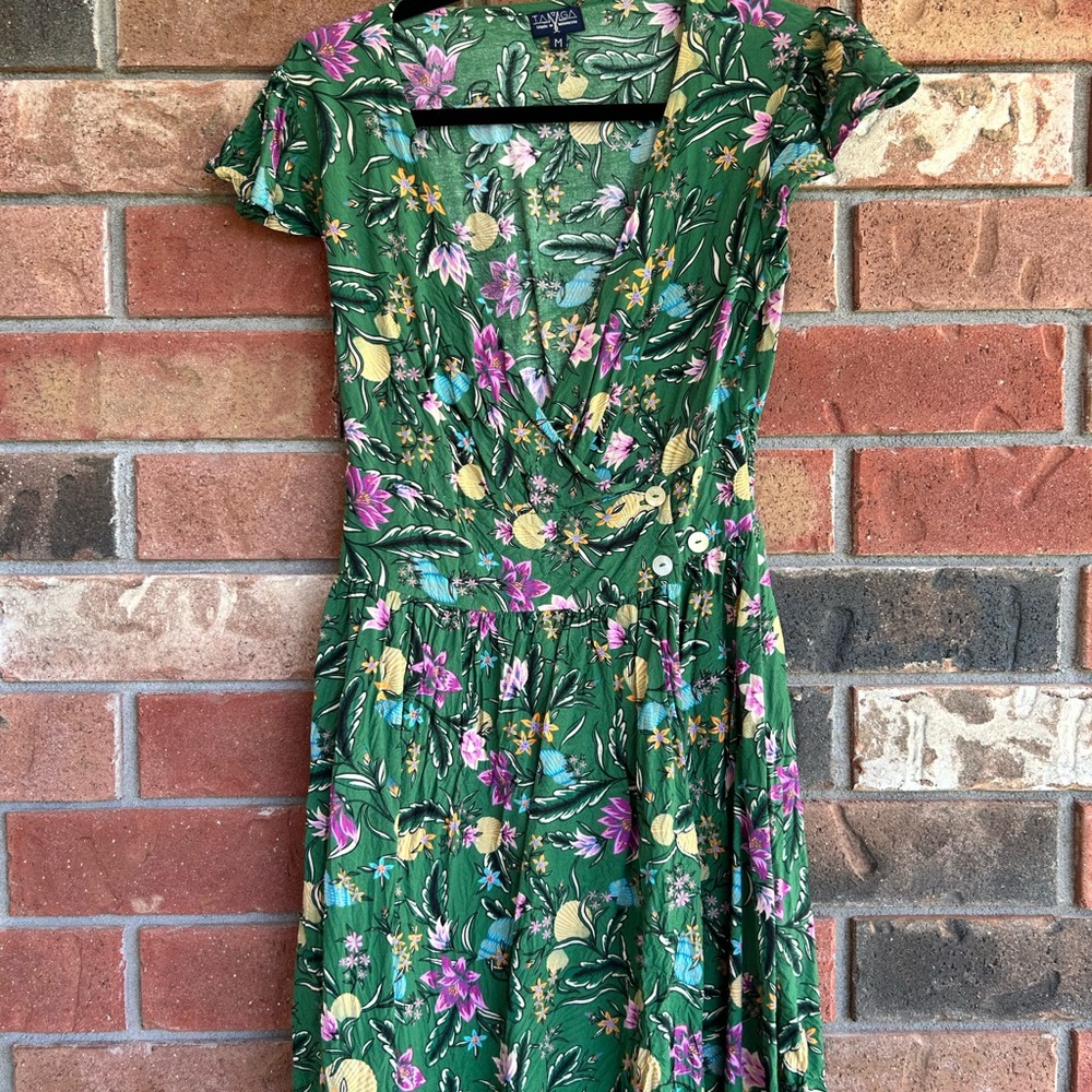 Tamga Designs Vibrant Green and Purple Floral Midi Dress